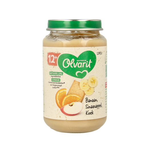 Olvarit baby banana and orange cookies in 200g package, suitable for 12 months and older, with images of cookies on the packaging.