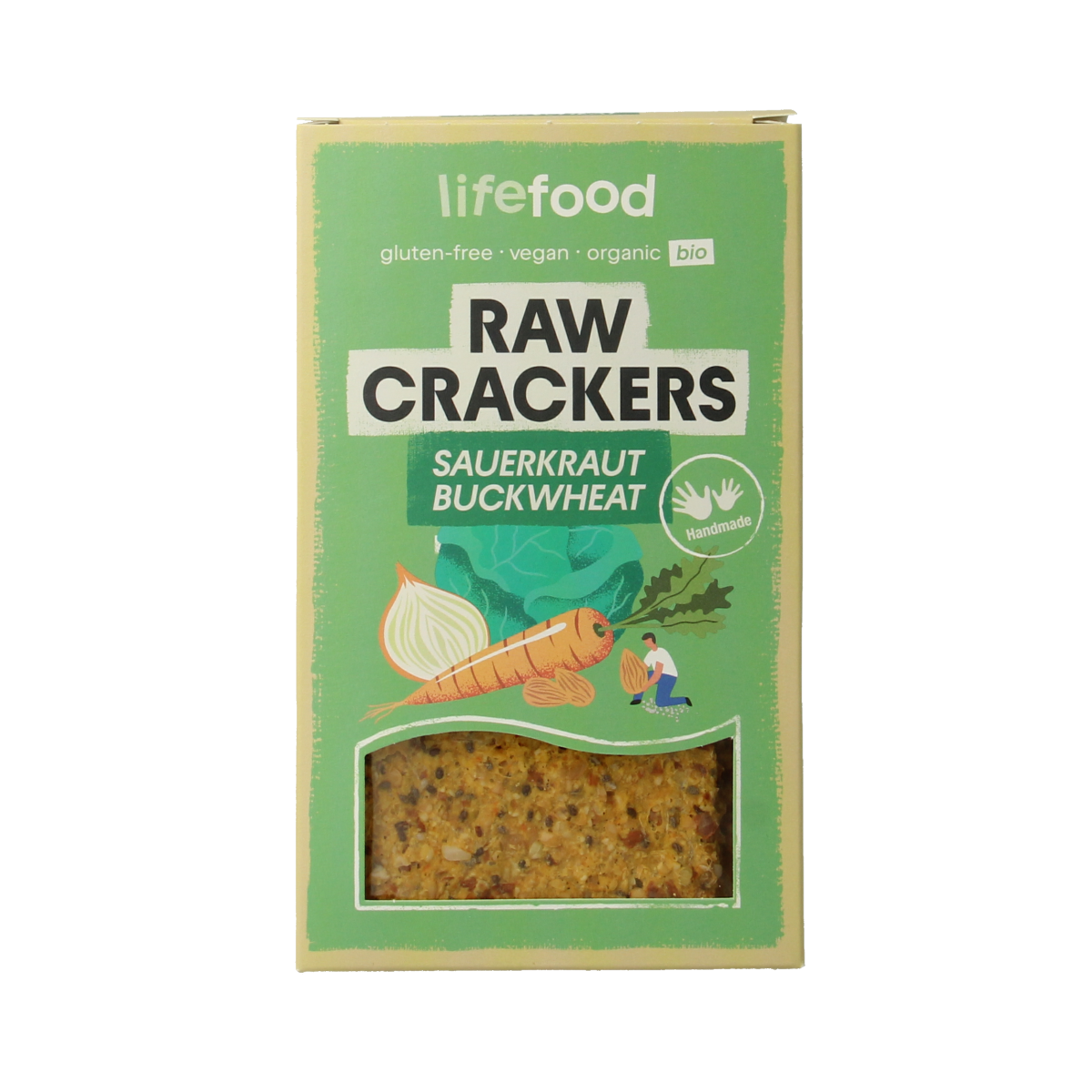 Raw bio Lifefood Life crackers with sauerkraut and buckwheat, 90g, displayed on a clean surface.
