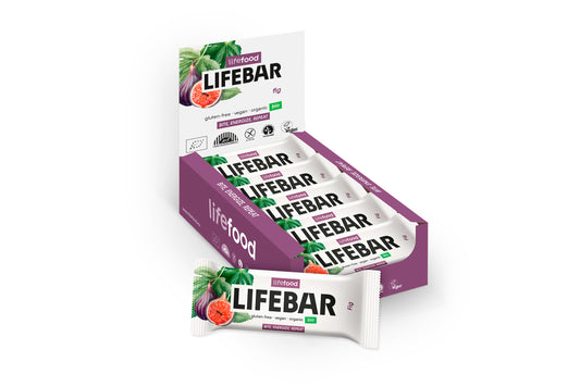 Lifefood Lifebar energiereep vijg, raw and bio superfood snack, 40g, featuring fresh dried figs in a natural packaging.