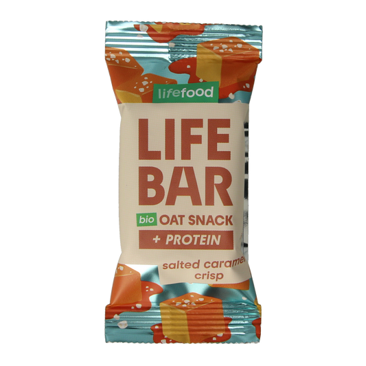 Lifefood Lifebar oatsnack with salted caramel and crisp texture, organic protein snack in 40g packaging.
