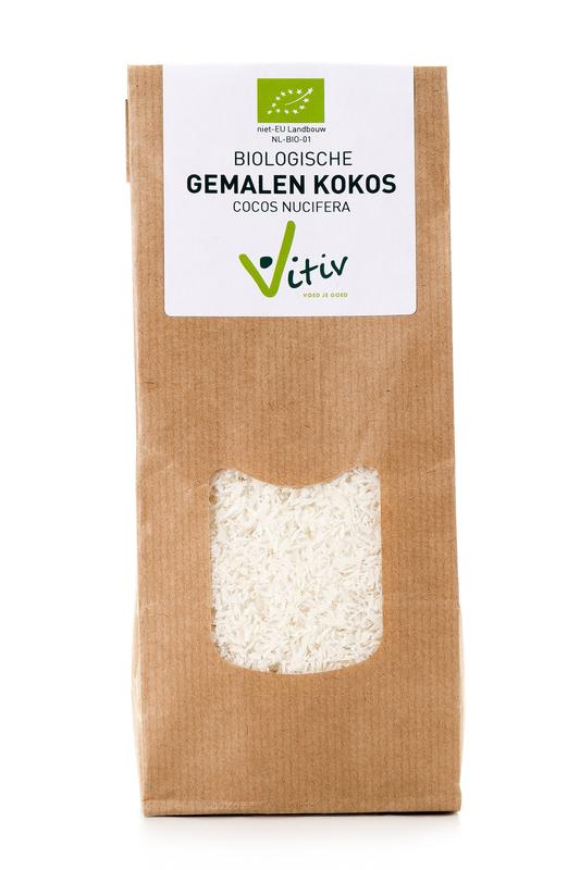 Vitiv organic shredded coconut in a 250g package, raw superfood, natural coconut flakes for cooking and baking.