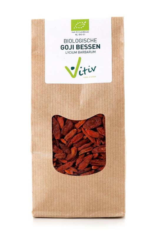 Organic Vitiv Goji berries in a 1kg bag, raw superfood with vibrant red dried goji berries visible inside the package.