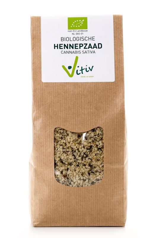 Vitiv bio hemp seeds, raw superfood in a 1 kilogram package, shown in a close-up image with natural hemp seeds visible.