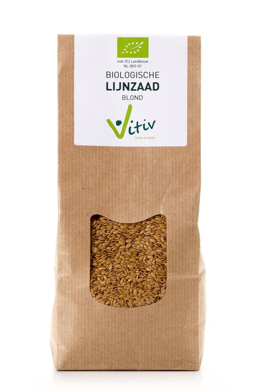 Vitiv blond organic flaxseed in a 500g package, raw superfood, shown in a clear view.