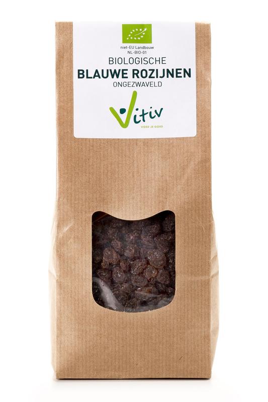 Vitiv Blauwe rozijnen klein bio, 250g, natural dried purple grapes in a clear package.