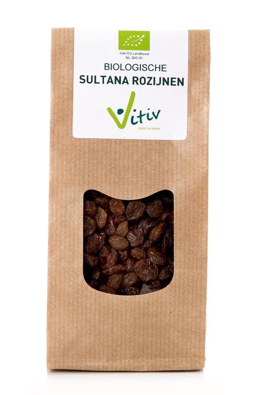 Vitiv Sultana rozijnen bio 250g in a clear package, showing golden organic sultana raisins ready for snacking or baking.