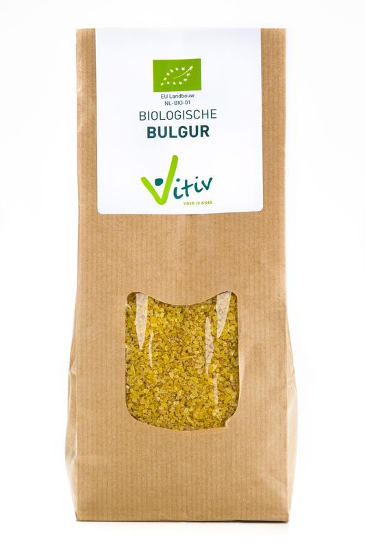 Vitiv organic medium bulgur wheat in a 500g package, used for pasta and rice dishes, shown in the image.