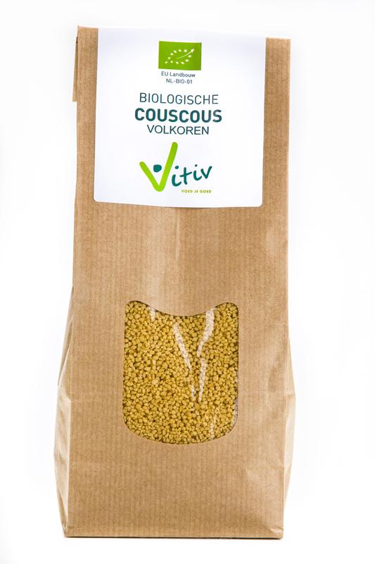 Vitiv volkoren bio couscous pasta in a 500g package, showing the whole grain pasta grains on the packaging.