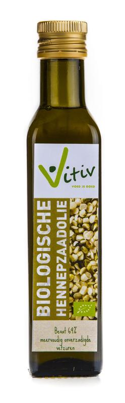 Vitiv organic hemp seed oil in a 250ml bottle, natural golden color, labeled bottle on a plain background