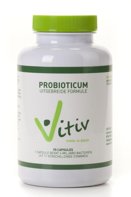 Vitiv Probioticum 90 capsules featuring micro-organismen for digestive health, in a clear bottle with capsules visible inside.