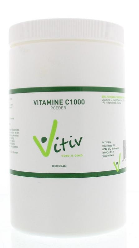 Vitiv Vitamine C poeder 1kg in a clear plastic bag, showing the white powder inside, for dietary supplements and health.