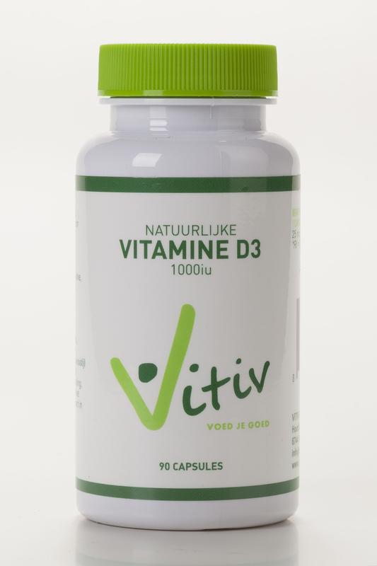 Vitiv Vitamin D3 1000IU supplement in a bottle of capsules, showing the product label and capsules inside.