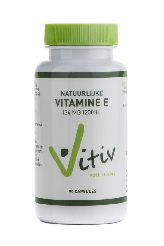 Vitiv Vitamin E200 capsules, dietary supplement in a white bottle, showing the product label and capsules inside.