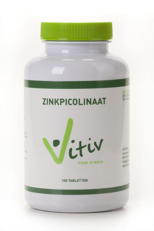 Vitiv Zink Picolinat 50mg mineral supplement bottles with 100 tablets, showcasing the supplement packaging and tablets inside.