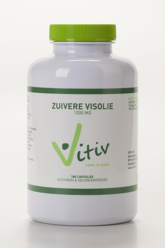 Vitiv Zuivere visolie 1000mg capsules, dietary supplement with omega-3 fatty acids, 100 capsules in bottle.