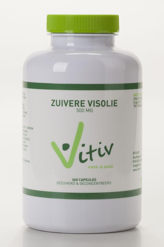 Vitiv Zuivere visolie 500mg capsules, dietary supplement with omega-3 fatty acids, 100 capsules in a bottle.