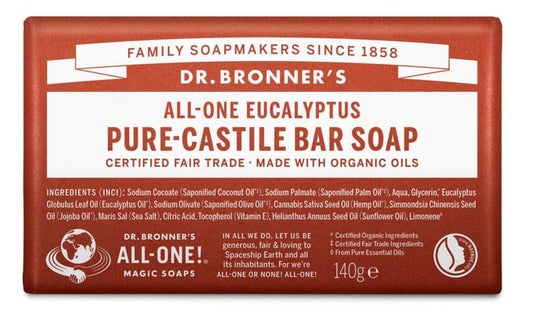 Dr Bronners eucalyptus bar soap, 140g, natural Zeep with textured label and fresh eucalyptus scent.