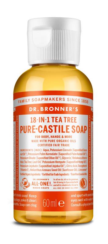 Dr. Bronner's liquid tea tree soap in a 60ml bottle, natural and eco-friendly personal care product.