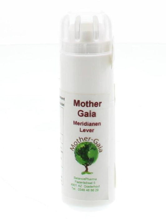 Mother Gaia Meridiaan 08 Kruidenpreparaten lever 6.00 gram, herbal supplement in a clear jar with a metal lid.