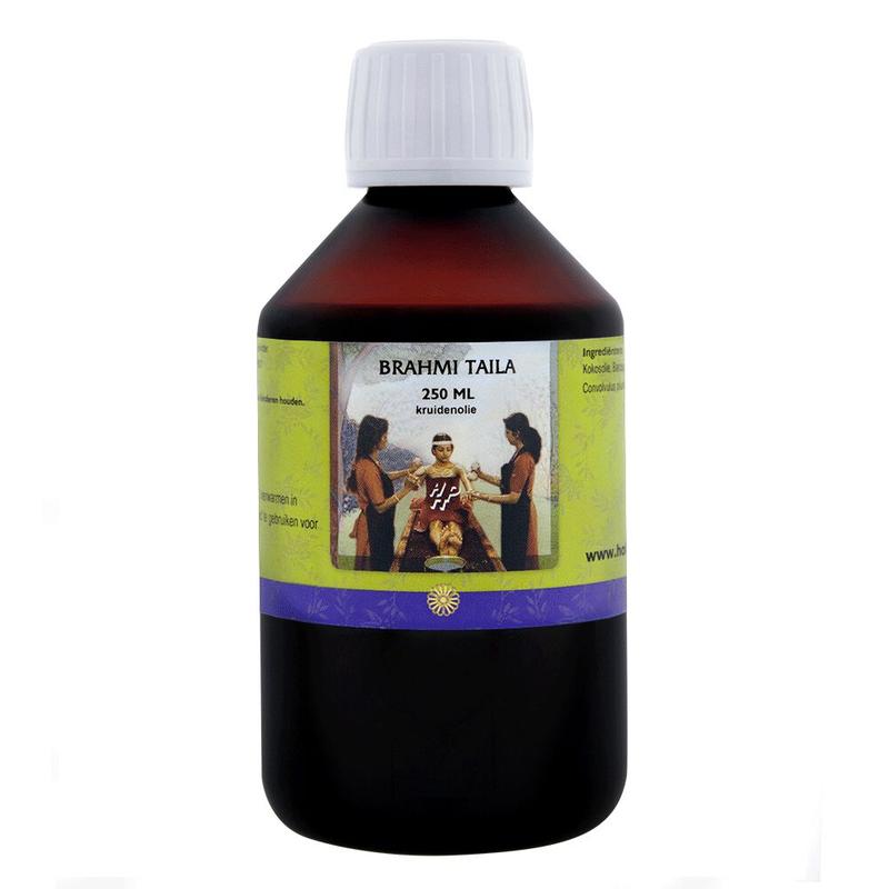 Holisan Brahmi Taila 250ml in a clear bottle, used for body care, with a yellowish oil visible inside the container.
