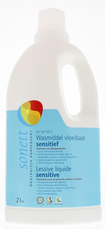 Sonett Sensitief vloeibaar wasmiddel in 2-liter bottle, gentle natural laundry detergent for sensitive skin.