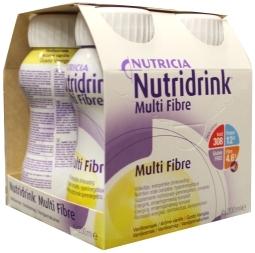 Nutridrink Multi Fibre Vanille medical dietary supplement in 200ml bottles, four-pack, vanilla flavor, for nutritional support.