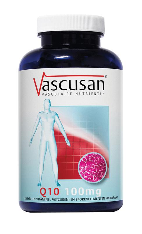 Vascusan Q10 100mg softgels, vitamin supplement in a bottle, showcasing the product label and softgel capsules.