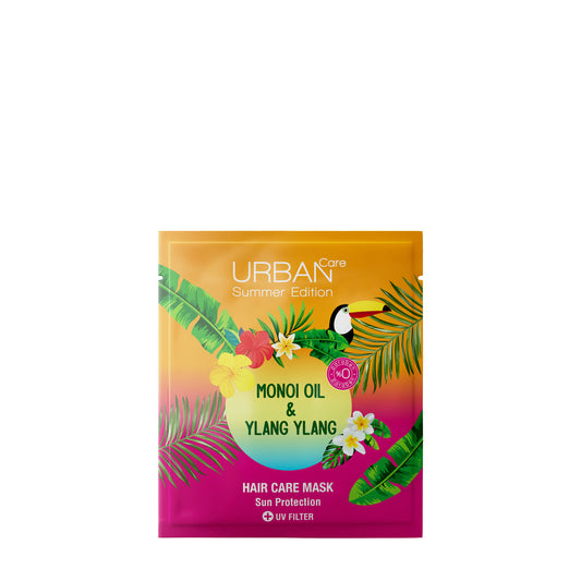 Urban Care Monoi & ylang ylang hair mask sachet, 50ml, for nourishing hair care, shown in the image.