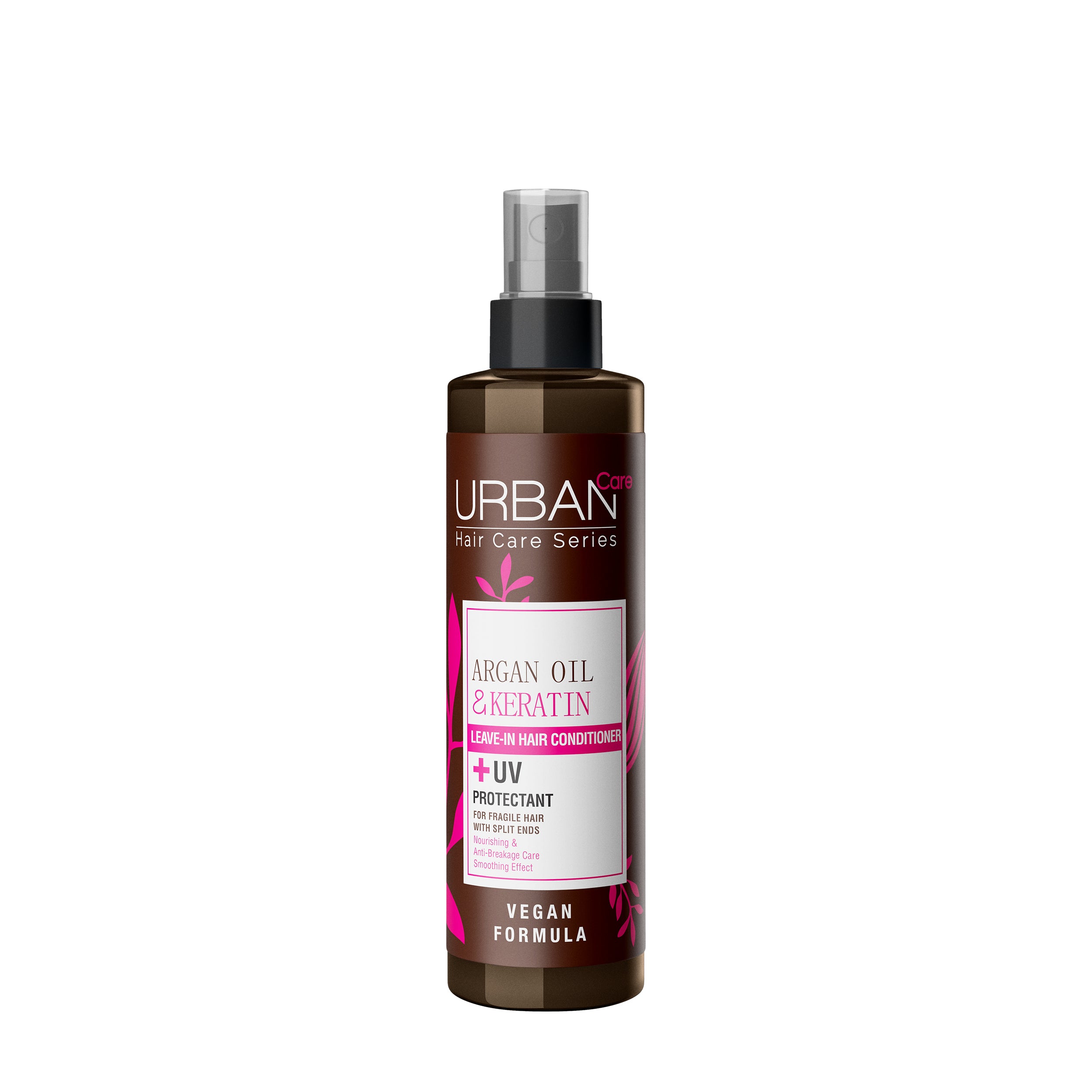 Urban Care Argan oil and keratin leave-in conditioner spray in a 200ml bottle, designed for hair care and hydration.