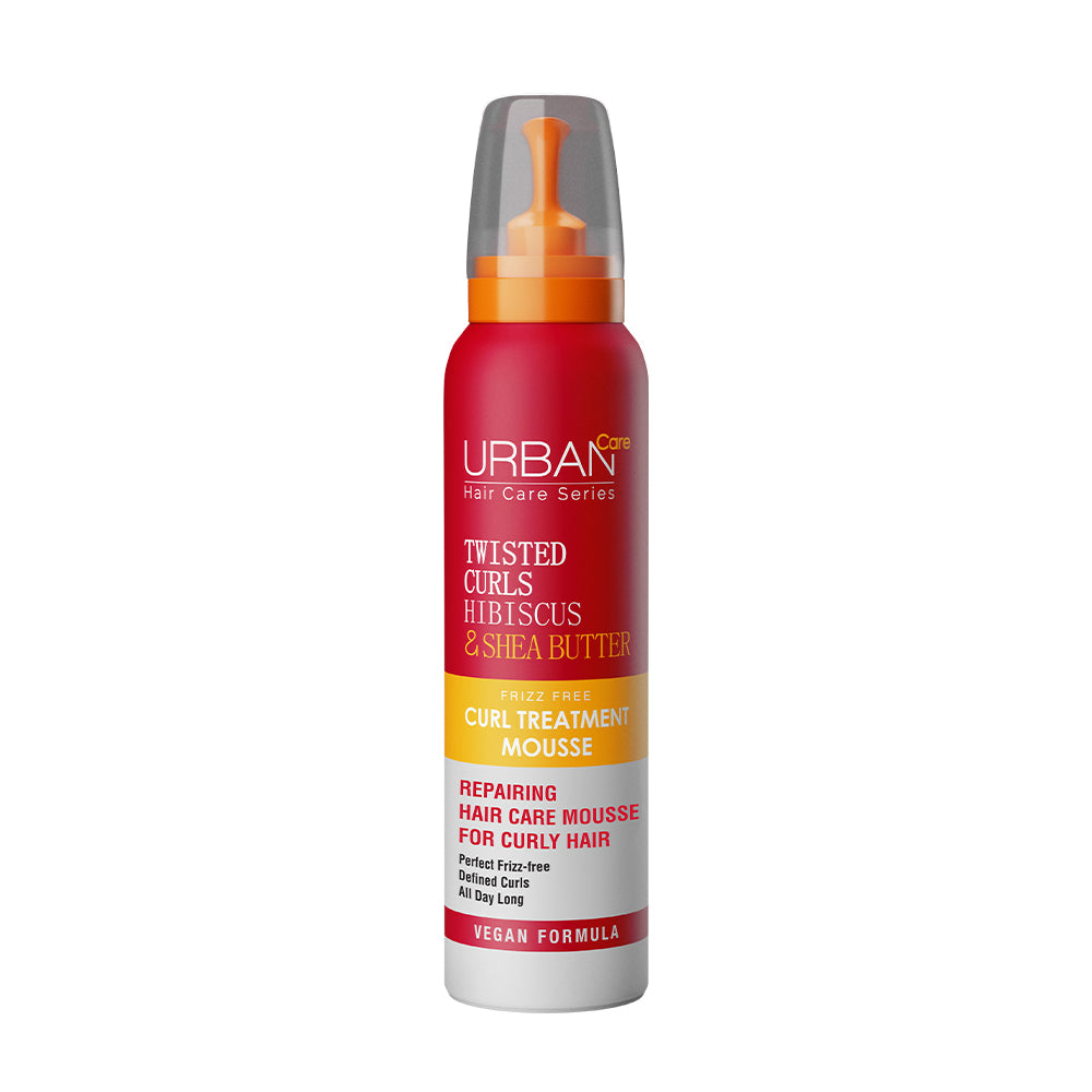 Urban Care Hibiscus and shea butter curl treatment mousse in a 150ml bottle, designed for hair care and curl enhancement.