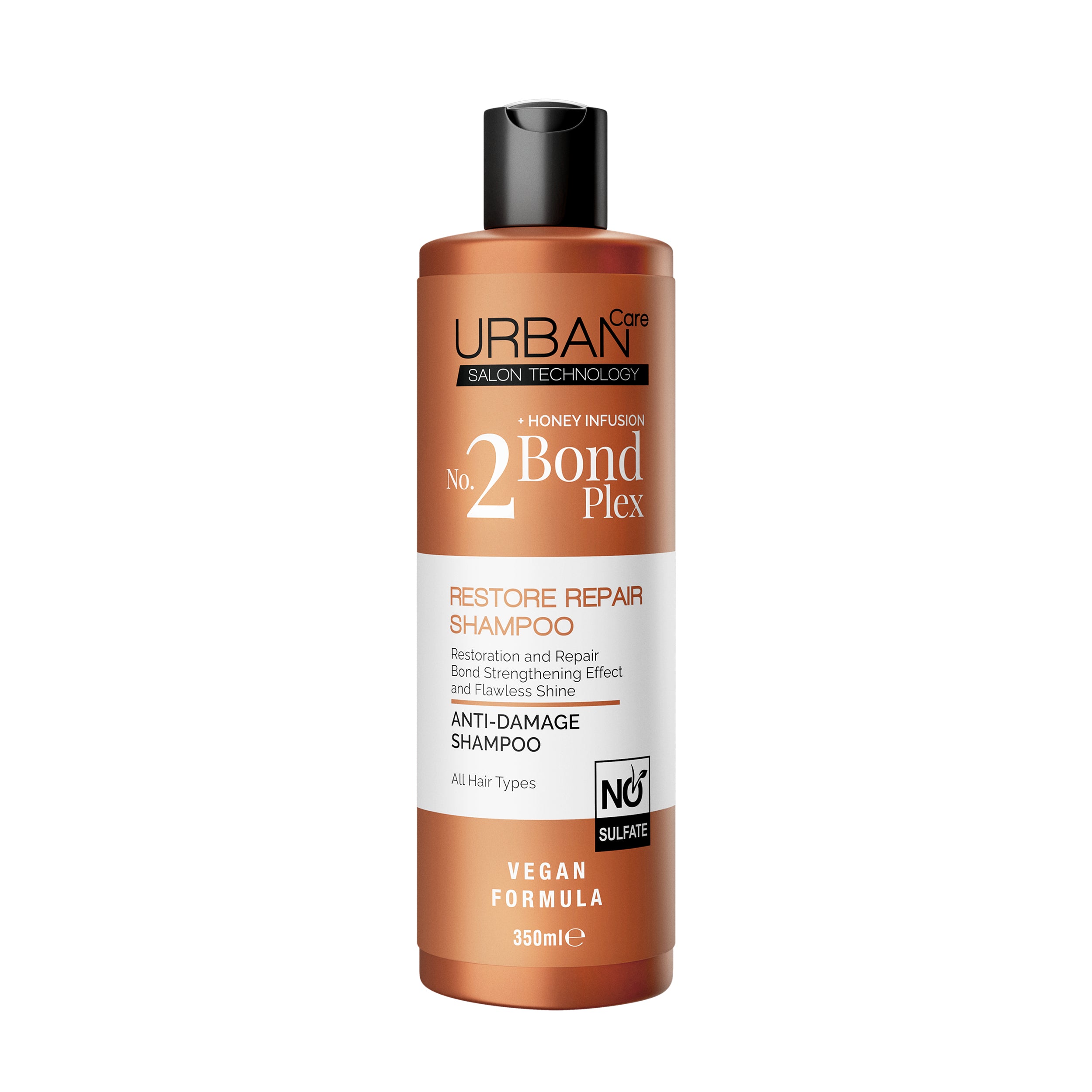 Urban Care No 2 Bond Plex Shampoo for restoring and repairing hair, 350ml, in a clear bottle with a white label.