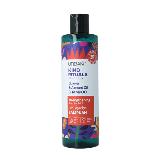 Urban Care Kind Rituals quinoa and almond shampoo bottle, 400ml, featuring a sleek design for nourishing hair care.