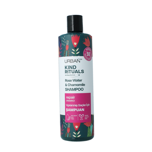 Urban Care Kind Rituals rose water chamomile shampoo bottle, 400ml, for gentle hair care and soothing floral scent.