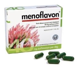 SanoPharm Menoflavon herbal supplement capsules in a bottle, used for women's health and hormonal balance.