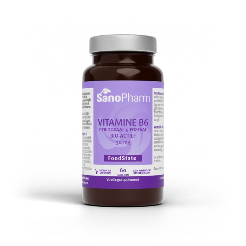 SanoPharm Vitamine B6 pyridoxaal-5-fosfaat 30mg supplement in a bottle with 60 tablets, natural health product for daily use