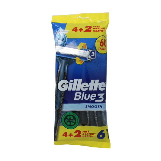Gillette Blue 3 disposable razor blades, 6-pack, lightweight men's shaving instrument with three blades for a close shave.