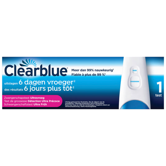 Clearblue Ultra vroege zelftest kit with test strip and instructions, designed for early pregnancy detection.