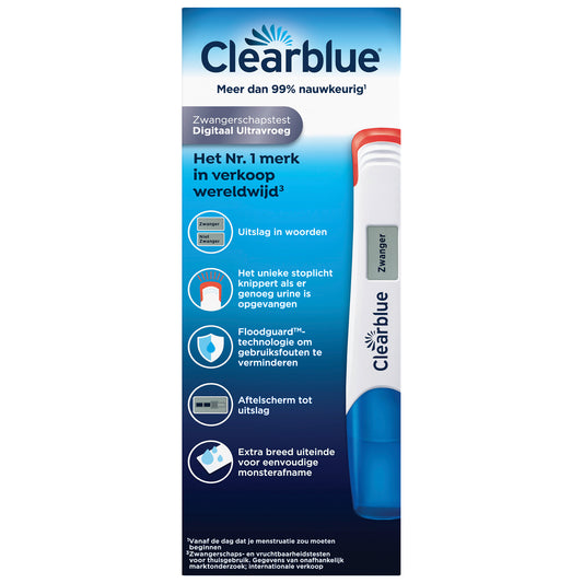 Clearblue digitale vroege zwangerschapstest 2-pack, with test sticks and digital display, used for early pregnancy detection.
