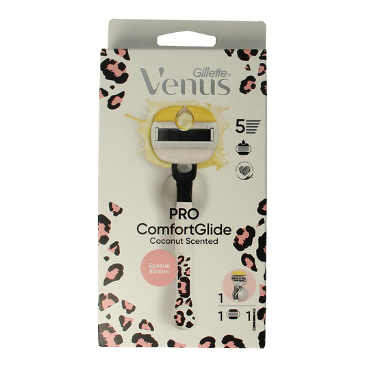 Gillette Comfortglide coconut modular leopard razor, a men's shaving instrument with a stylish leopard design.
