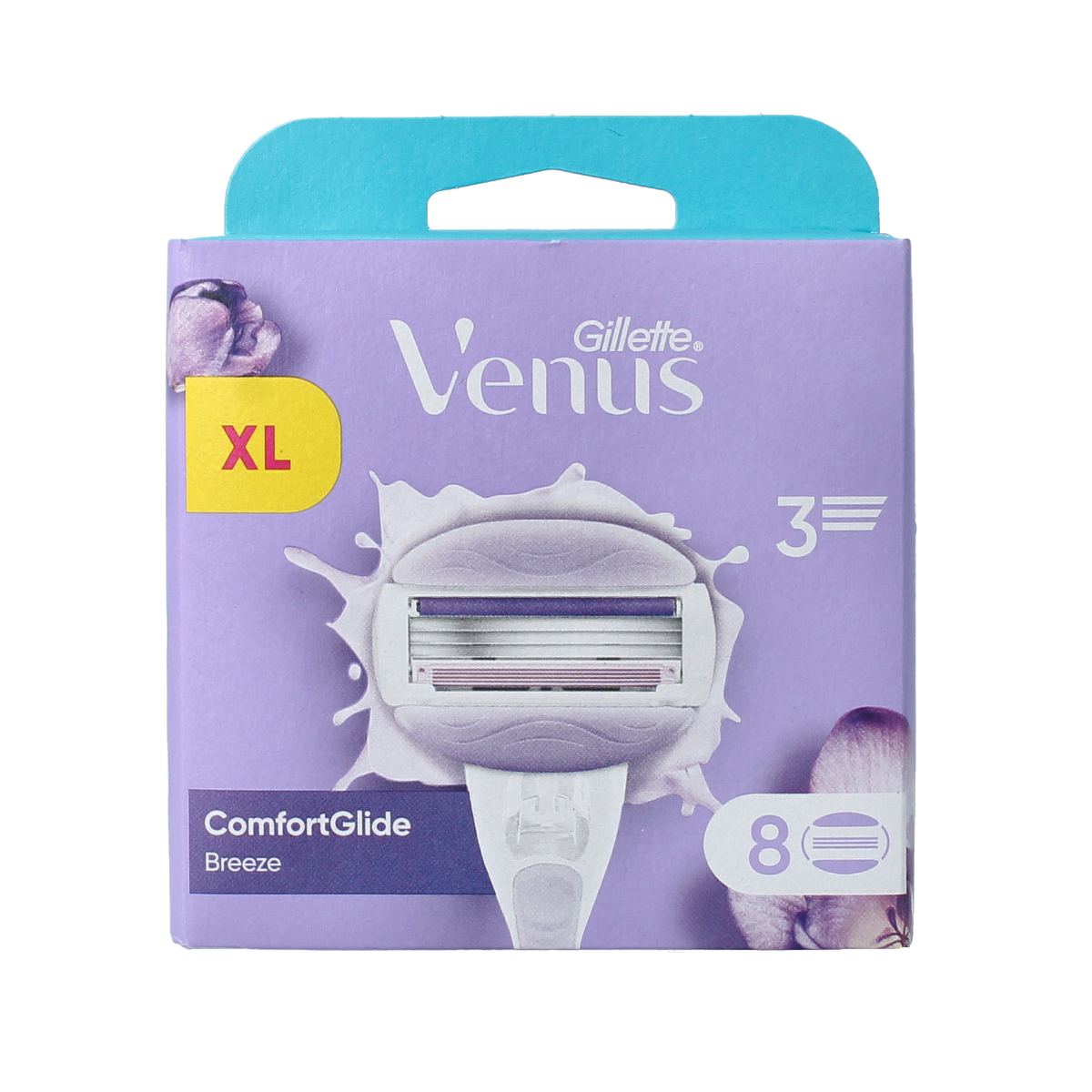 Gillette Venus ComfortGlide Breeze razor blades pack with 8 disposable replacement cartridges, designed for smooth shaving.