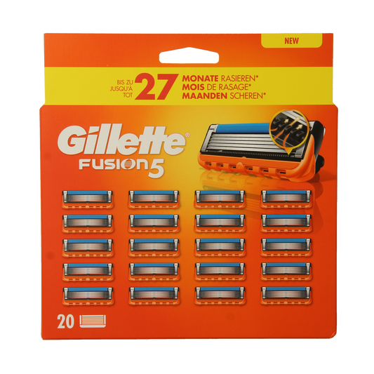 Gillette Fusion manual razor blades pack with 20 blades for shaving, shown in the image.