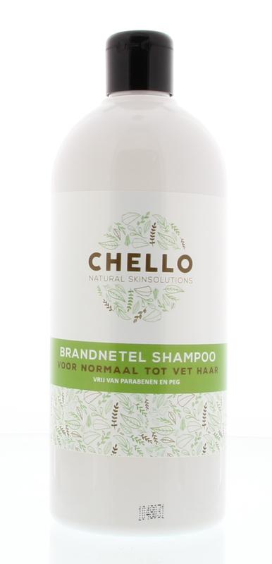Chello brandnetel shampoo bottle, 500ml, for hair care, with a label featuring green herbal imagery and product details.