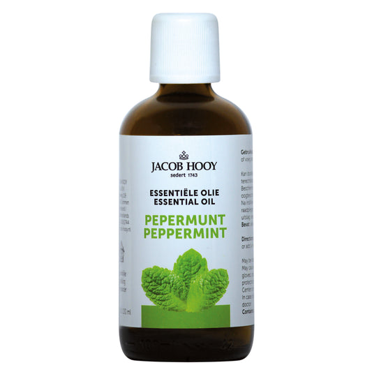 Jacob Hooy peppermint essential oil in a 100ml bottle, showing the dark glass container and label.