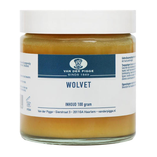 van der Pigge Wolvet 100g, natural body care product, soft wool fibers for skin nourishment and relaxation.