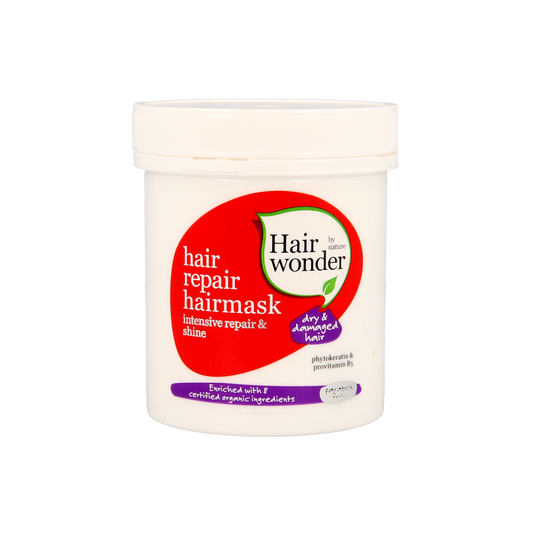 Hairwonder Hair Repair Mask 200ml, nourishing hair treatment in a white jar with black lid, for damaged and dry hair.