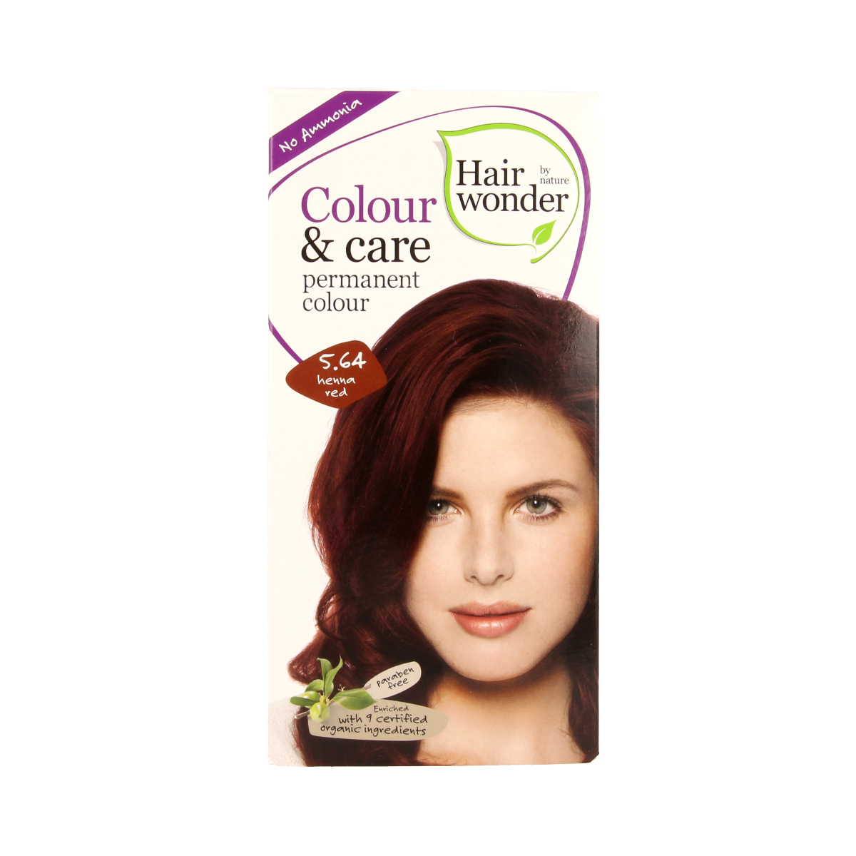 Hairwonder Colour & Care Henna Red 5.64 hair coloring tube, showing bright red henna product for natural hair color enhancement