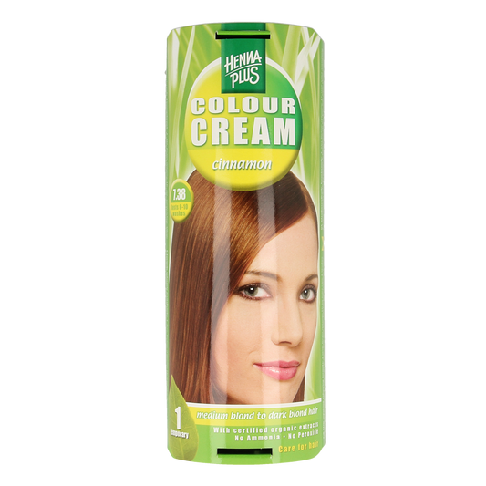 Henna Plus Colour Cream 7.38 Cinnamon hair dye tube, 60ml, showing the cinnamon-colored hair coloring product.