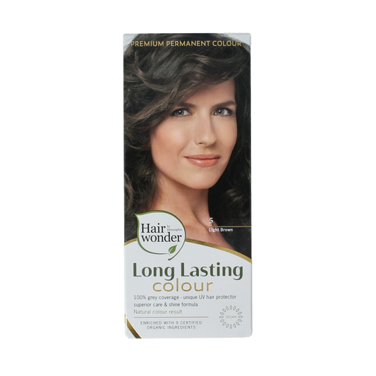 Henna Plus Long Lasting Colour 5 Light Brown hair dye bottle, 100ml, with natural henna-based hair coloring product.