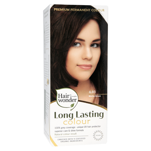 Hairwonder long-lasting colour 4.03 mocha brown hair dye in 100ml bottle, showcasing rich brown shade and packaging.