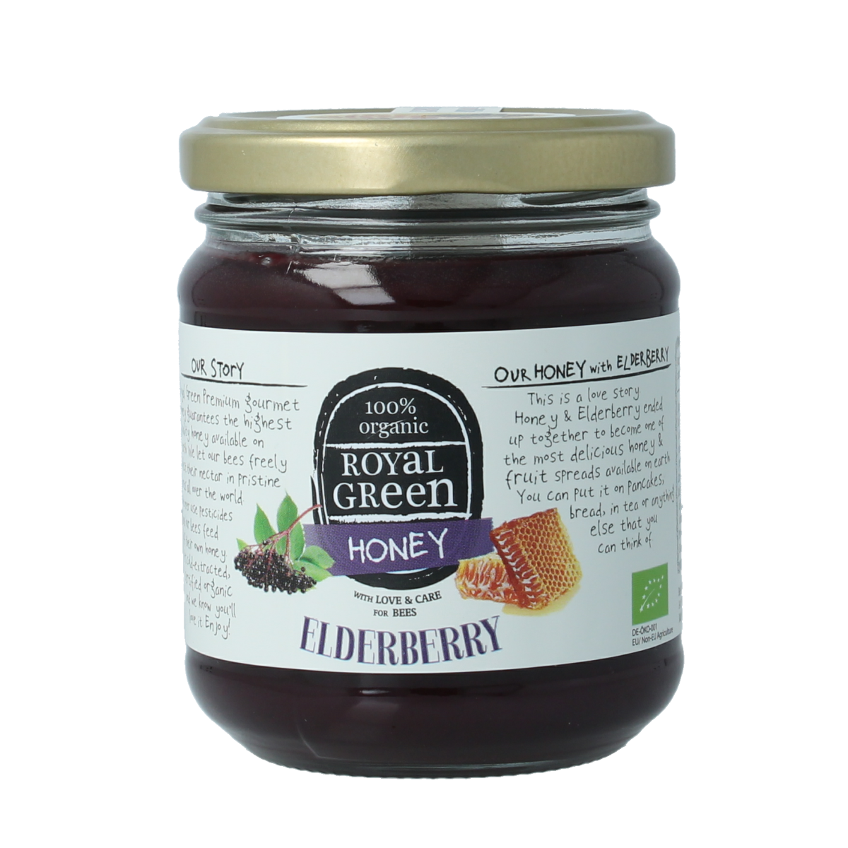 Royal Green Elderberry honey bio 250g jar, natural honing product with a golden color and elderberry infusion in a glass jar.